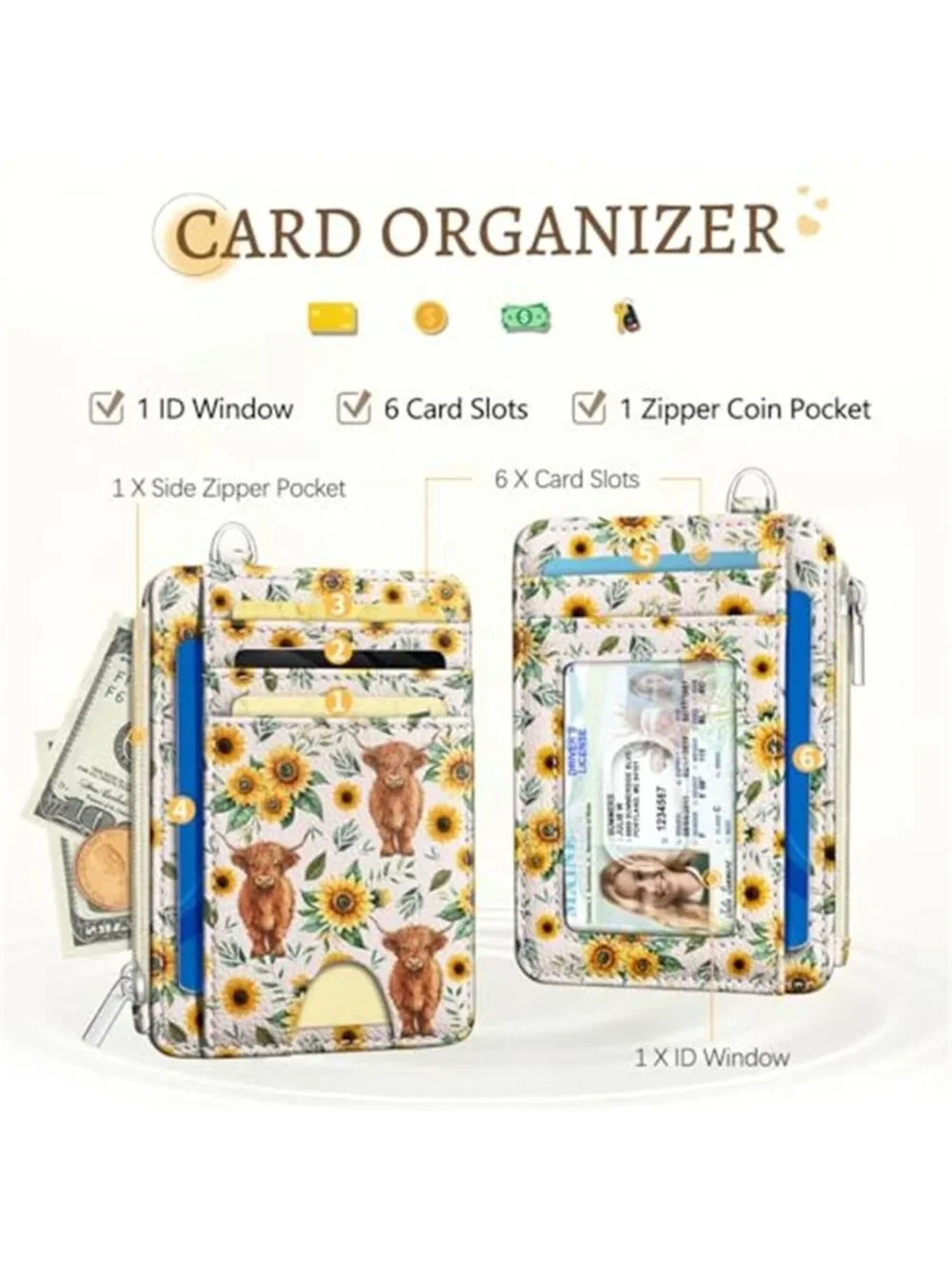 Highland Cow Sunflower Floral RFID Womens Slim Wallet Card Holder Coin Purse